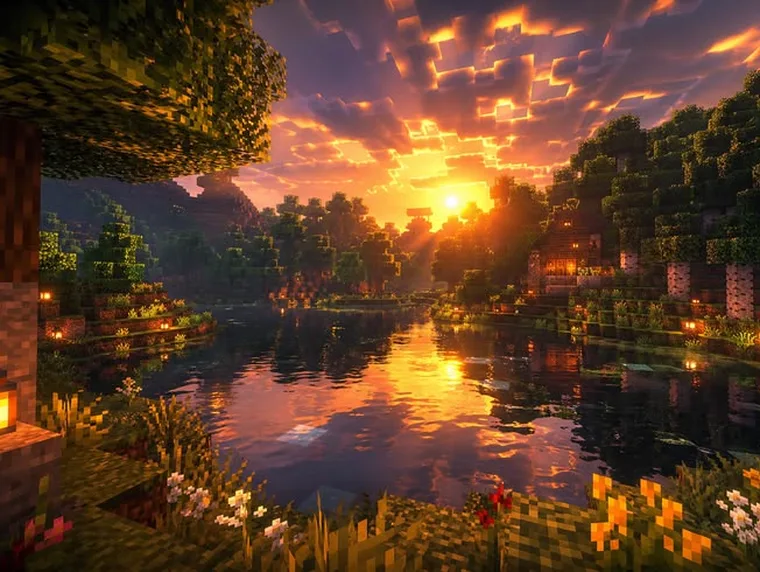 Golden sunrise over a Minecraft lake