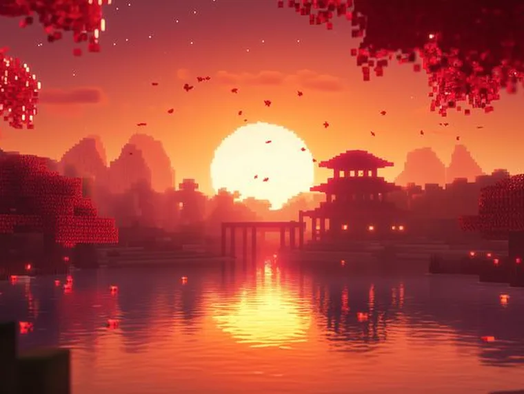 Red sunset over a Minecraft village