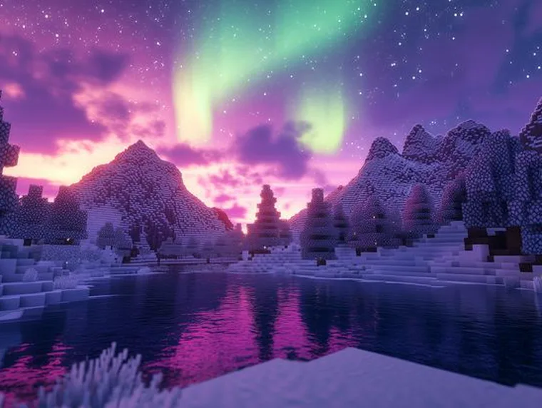 Aurora over a snowy Minecraft lake