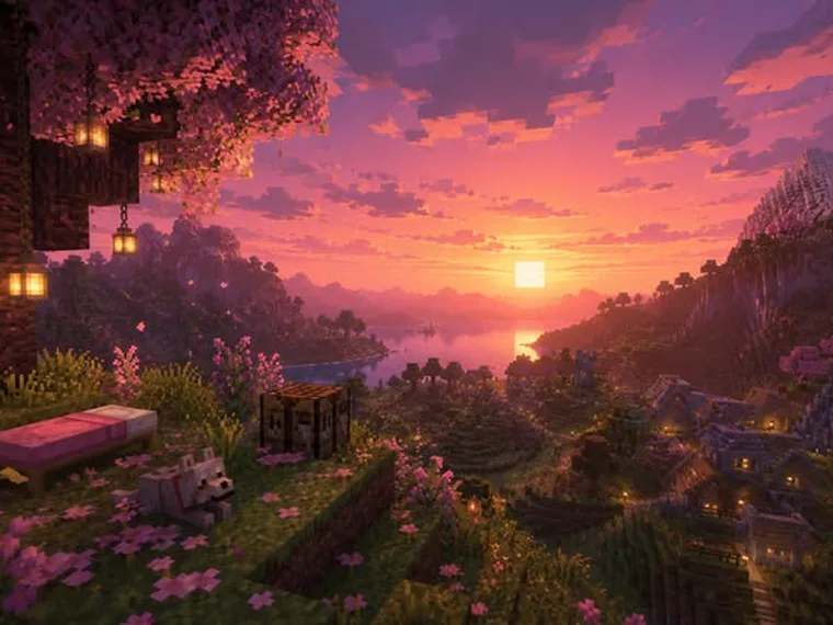 Cherry blossom valley at sunset in Minecraft