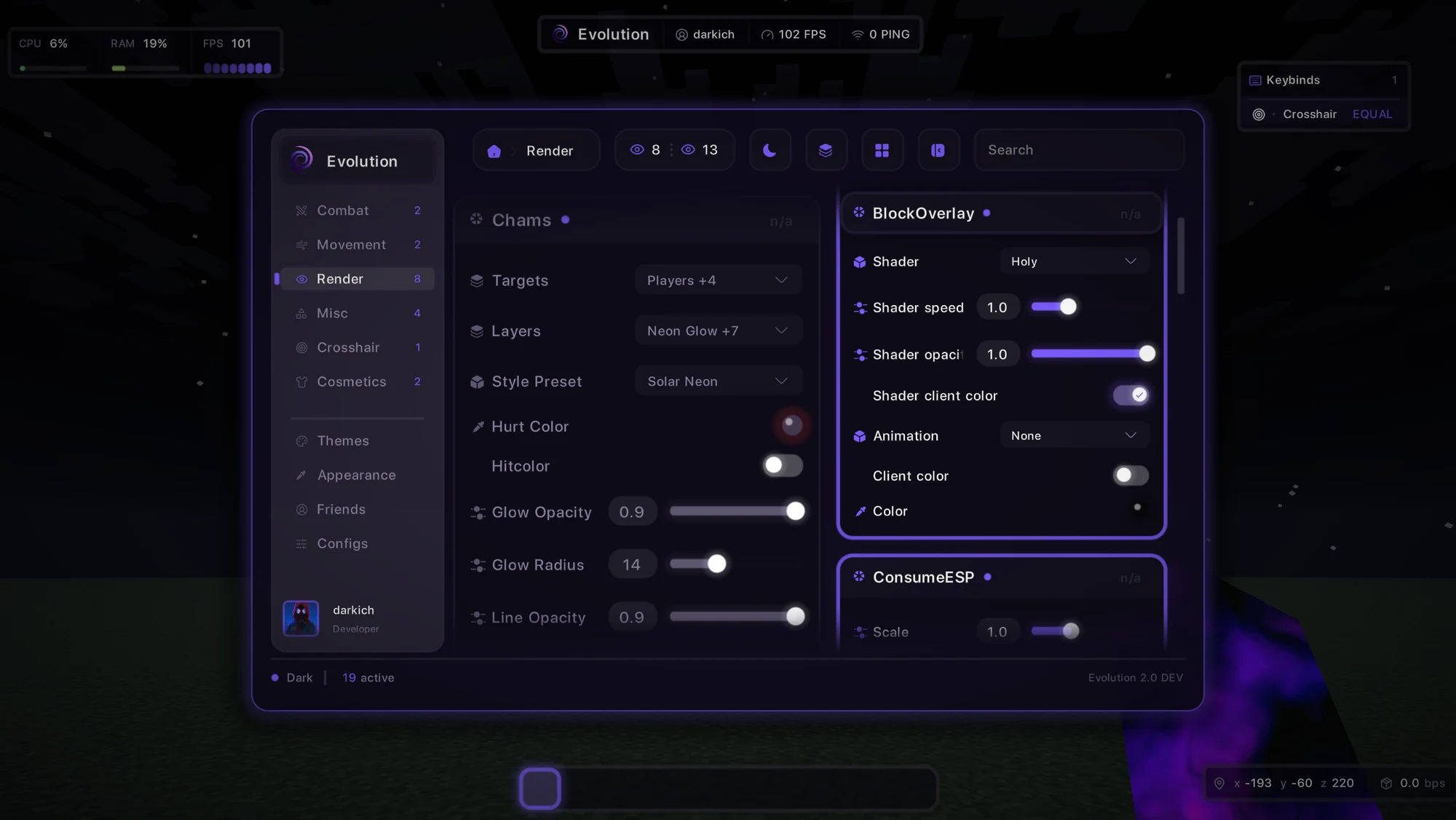 The EvoVisuals menu open in game at night